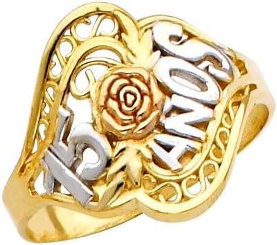 Gold 15 Años Flower Quinceañera Filigree Band Ring | 10K or 14K Tri-Color Yellow, White, and Rose Gold | Available in Sizes 4-12