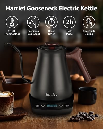 Image of Harriet Gooseneck Electric Kettle - 1200W Fast Heat, 0.8L Stainless Steel, Precision Temp Control & Timer, Wood Handle, Pour Over Coffee and Tea, Black