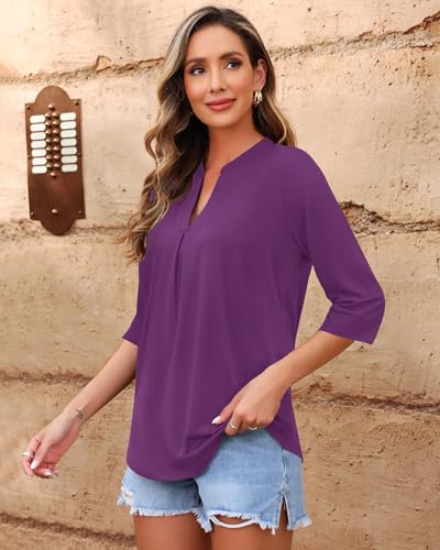 AUSELILY Womens 2025 Dressy Blouses Casual 3/4 Sleeve V Neck Pleated Work Shirts3