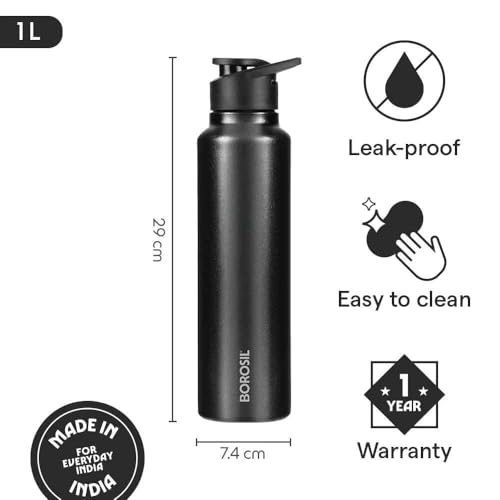 Image of Borosil 1000 ml Hydra Sipfresh Galaxy Stainless Steel Water Bottle | ISI Certified, Made in India | Single Wall, Leakproof| Bottle for Office, School, College & Gym | 1 Year Warranty | Black