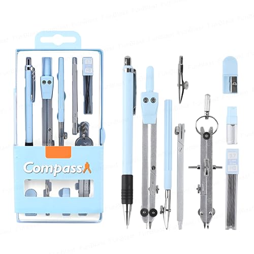 Image of FunBlast Metal Compass Set 9 Pcs - Geometry Box with Protractor, Set Squares, Ruler, Compasses, Ruler Sets, Instrument Box, Math Geometry Kit for Student & Professional (Blue)