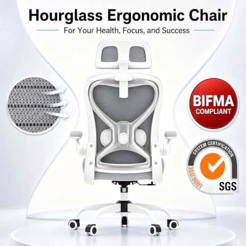 Image of Ergonomic Office Chair for Long Hours and Back Pain Relief, Space-Saving Design with Adjustable Lumbar Support, Flip-Up Arms, 3D Headrest, Tilt & Rock, 330 LBS, Gray /Sliver
