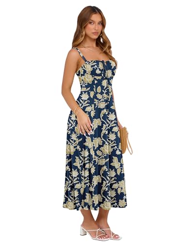 Image of YATHON Women's Summer Midi Corset Boho Dresses Spring Casual Floral Spaghetti Straps Lace Up Dress Flowy Aline Beach Sundress