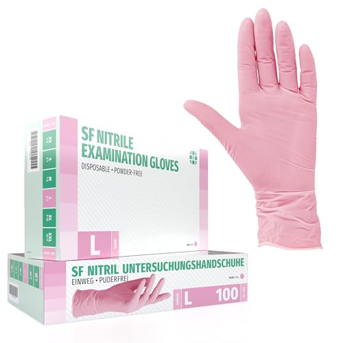 SF Nitrilhandschuhe L Rosa – 100 Stück Einweghandschuhe, Einmalhandschuhe, Medizinische handschuhe, Puderfrei, Latexfrei, Handschuhe einweg zum Kochen, Putzen, für Medizin, Küche, Kosmetik, Haushalt