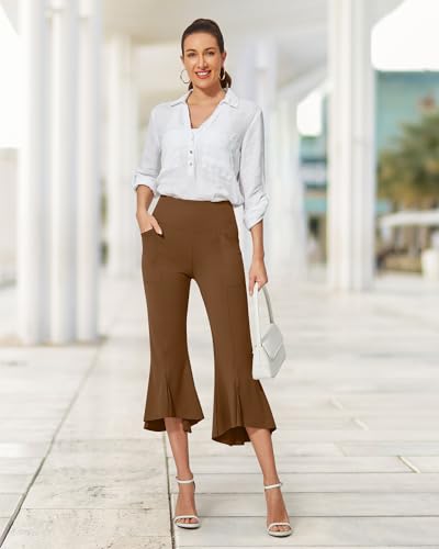 Image of G4Free Capri Pants for Women Stretch Yoga Dress Pants with Pockets Ruffle Bell Bottom Athletic Work Leggings