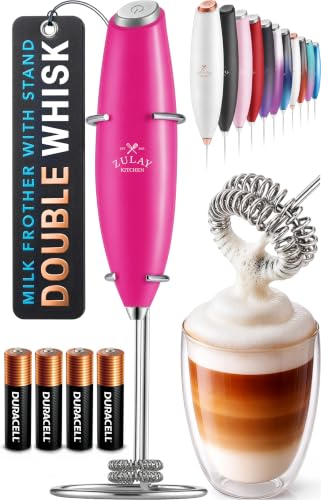 Image of Zulay Kitchen Powerful Milk Frother Wand With Duracell Batteries - Ultra Fast Handheld Drink Mixer - Electric Whisk Foam Maker for Coffee, Lattes, Cappuccino & Matcha - Double Whisk - Dragonfruit