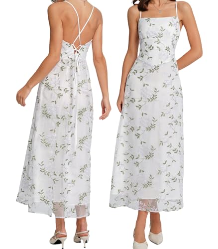 RIHOAS Women's Chiffon Maxi Dresses Summer Spaghetti Strap Cocktail Party Wedding Guest Dress Tie Back Sundress - L White