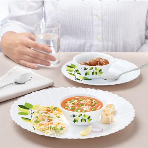 Image of Larah by Borosil Silk Series Green Leaves Opalware Dinner Set with Steel Spoon | 41 Pc for Family of 6 | Microwave & Dishwasher Safe | Bone-Ash Free | Crockery Set for Dining & Gifting | Plates & Bowl