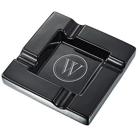 Visol Renner Black Ceramic Cigar Ashtray with Personalized Laser Engraving of Initial Cover