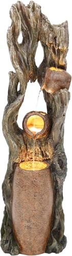 Autodaya 42.7in Tall Outdoor Water Fountain with LED Lights, 3-Tier Rainforest Waterfall Tree Trunk and Jar Garden Fountain, Ideal for Serene Relaxing Patio, Yard or Porch - Thumbnail 4