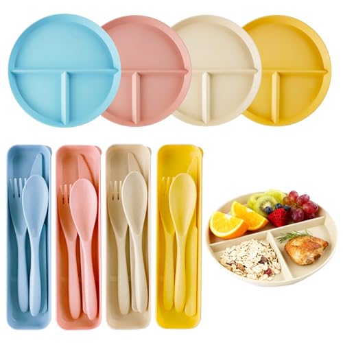 JEPELUS 4 Sets Portion Control Plate & Travel Utensils with Case, 9" Portion Control Divider Plates & Plastic Cutlery Set - Bariatric, Diabetic & Adult Weight Management (Pink, Blue, Beige, Yellow)