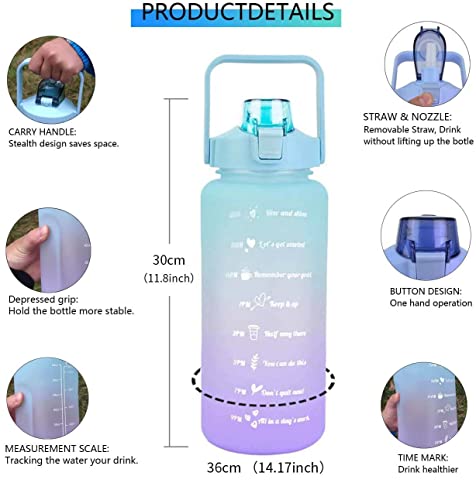 Image of 2 Liters Sports Water Bottles,Portable Wide Mouth Bottle Leakproof Plastic Space Cup Travel Mugs with Straw for Outdoor Sports (Gradient Blue)
