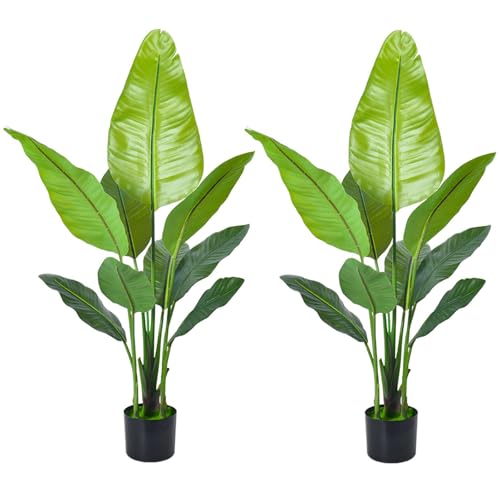 Artificial Bird of Paradise Plant, Green Leaves,Adjustment-Free Branches Artificial Tree for Indoor Outdoor Home Decor (4FT-2Pack)