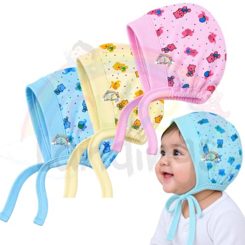 Image of 0-3 /3-6 /6-9 /9-12 /12-18 & 18-24 Months New Born Baby Girls & Boys Finest Hosiery Cotton Double Layer Knot Caps Set /Infant /Hat /Toppi /Kan Topi /Clothes (Pack of 3)