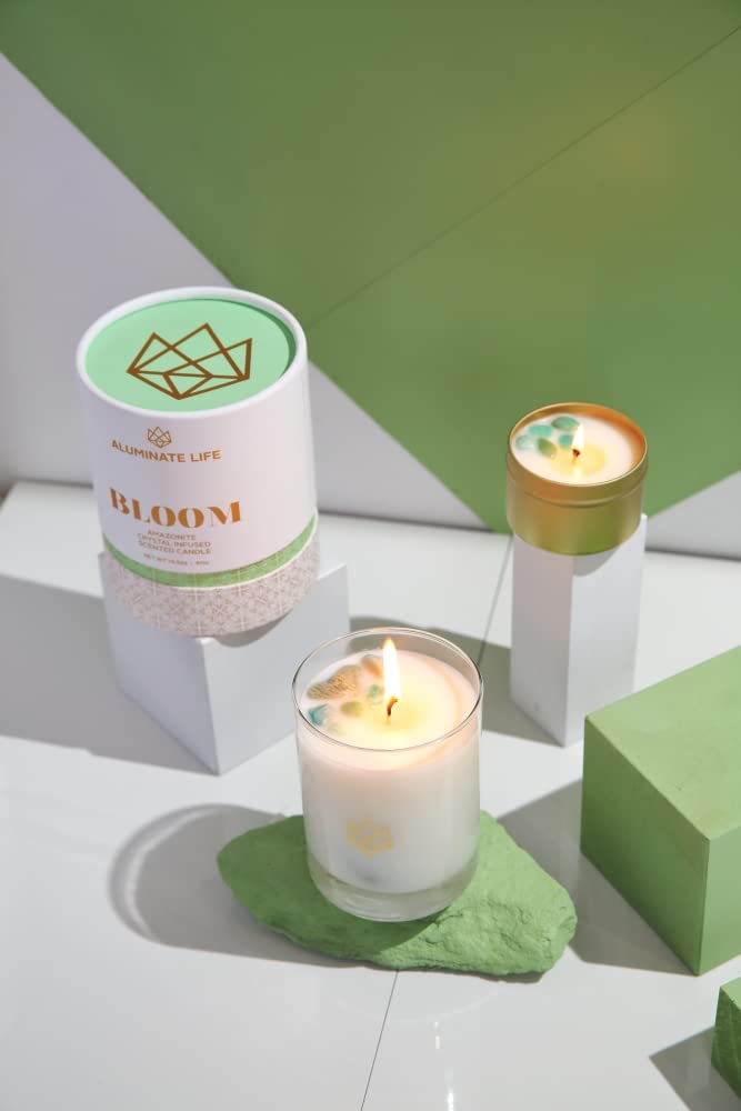 Aluminate Life Luxury Glass Jar Candle, 14.5 OZ, Bloom - Amazonite Crystal Infused - Scents of Lavender, Neroli, and Jasmine - Hope, Discovery, & Growth - Coconut Wax, Essential Oils, Dr. Developed