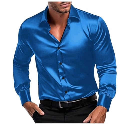 Camisas de satén brillante para hombres de manga larga casual camisas abotonadas años 70 traje disco ajuste camisa de satén similar a la seda fiesta de negocios, C2 Azul, M