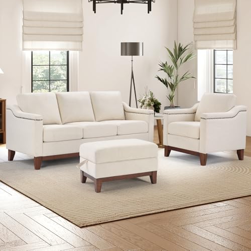 Image of HAOMARKETS Modern 3 Piece Sofa Set with Rivets, Included Chenille Accent Chair, Upholstered 3-Seater Couches with Solid Wood Legs and Storage Ottoman, Living Room Furniture Set,Beige