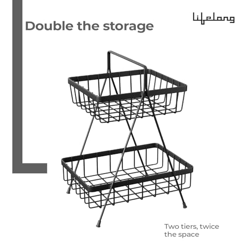 Image of Lifelong 2-Tier Fruit Basket Stand for Kitchen & Dining Table|Black Metal Wire Organizer for Fruits, Vegetables & Snacks |Countertop Storage Rack with Baskets |Vertical Storage for Pantry & Home Decor