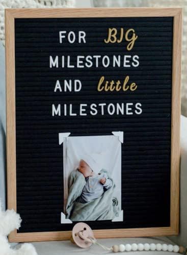 Black Letter Board 12x16 with 800+ Pre Cut & Sorted White, Gold & Cursive Style Felt Letter Board Letters for Baby Announcement sign, Baby Milestone, Message Board or Rustic Wood Frame Letterboard by Feltwrite