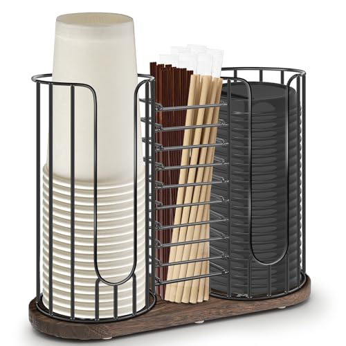 Tanggiteck 3-Compartment 18oz Coffee Cup Dispenser Rack with Wood Base Disposable Cup and Lid Organizer for Countertop - Perfect for Paper Cups Straws and Kitchen Cabinet Storage