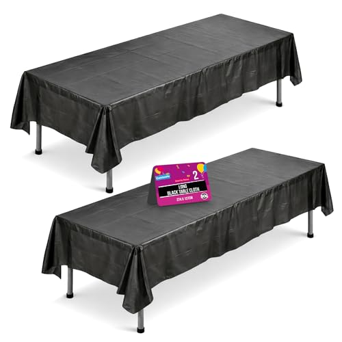 SOL 2pk Long Black Table Cloth Party 274x137cm Rectangular Large Disposable Plastic Cover. Heavy Duty Spill Protection: Opaque Design for Halloween Graduation Birthdays Weddings Buffets Catering