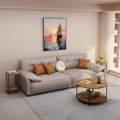 Condition photo showing New/Like New for 3-piece coffee table and end table set for living room, round coffee and end table set of 3 with large storage, modern farmhouse furniture for apartment home – easy assembly, scratch resistant