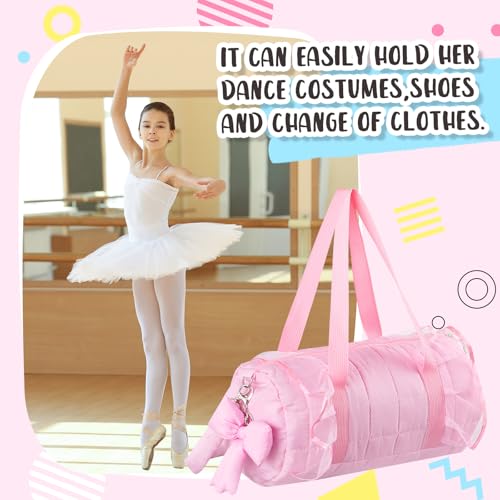 Image of 12.8 Inches Quilted Puffer Ballet Dance Bag Cute Tote Bag with Hanging Bow Pendant for Travel Dancing Dress
