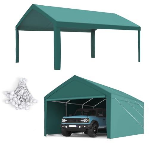 Image of ADVANCE OUTDOOR 10x20 ft Carport Replacement Top Cover w /Leg Cloth, Heavy Duty Waterproof & UV Protected, Easy Installation with Ball Bungees, Green, Roof Only
