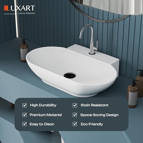 Image of LUXART Tabletop Wash Basin For Bathroom - 22 x 16 x 5 Inc Ceramic Glossy White Countertop & Wall Hung Washbasin | Vessel Sink For Hotel, Dining Hall, Vanity | Over counter Top Washroom Sink