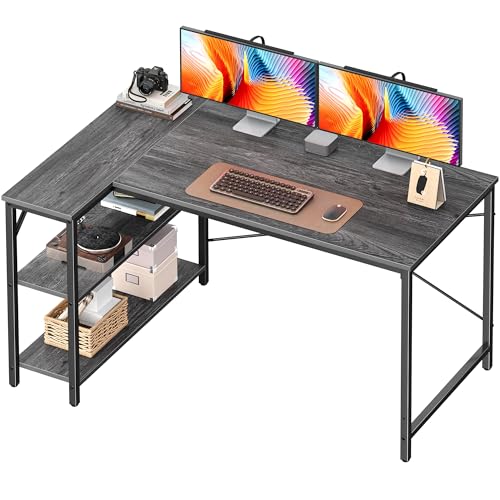 Huuger L Shaped Desk, 47 Inches Computer Desk with Reversible Storage Shelves, for Gaming Corner Home Office Writing Study, Metal Frame, Gray