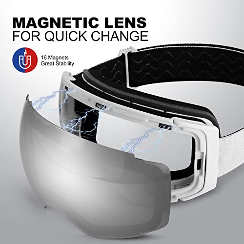 Odoland Magnetic Interchangeable Ski Goggles With 2 Lens, Large Spherical Frameless Snow Snowboard Goggles For Men Women, White Frame Sliver Lens Vlt 10% #TOP1