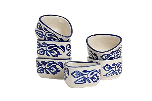 Image of Freakway Handpainted Floral Studio Pottery Ceramic Dip Bowl /Chutney Bowl /Pickle /Sauce Bowl /Small Katori Set | Triangle Shape |(50 ML, Small, Set of 6, Blue and White).