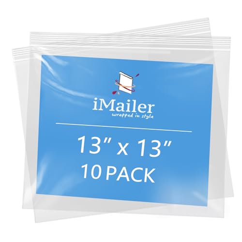 iMailer - 13" x 13" 10 Pack - 2 Mil Resealable Zip Bags - Clear Plastic Bags with Zip Top Lock for Storage, Organizing, Crafts, Travel