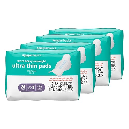 Image of Amazon Basics Extra Heavy Overnight Feminine Pads for Women, Ultra Thin with Flexi-Wings, Unscented, Size 5, 96 Count (4 Packs of 24)