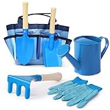 Kids Gardening Tools Set, Toddler Play Kit Child Outdoor Toy with Gloves, Watering Can, Metal Shovel, Rake, Spade & Storage Bag, Backyard Sand Digging Holiday Birthday Gift for Boy Girl 3 4 5 (Blue)
