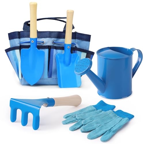 Kids Gardening Tools Set, Toddler Play Kit Child Outdoor Toy with Gloves, Watering Can, Metal Shovel, Rake, Spade & Storage Bag, Backyard Sand Digging Holiday Birthday Gift for Boy Girl 3 4 5 (Blue)