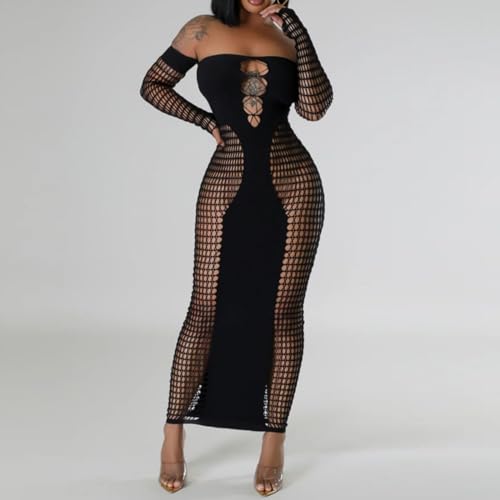 Image of Women's Sexy Off Shoulder Mesh Bodycon Hollow Out Club Long Dress (US, Alpha, Small, Regular, Regular, Black)