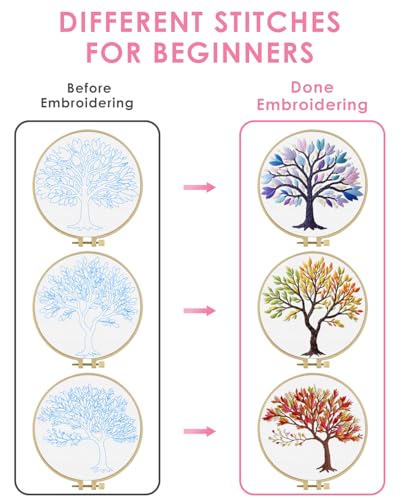 Image of TINDTOP Embroidery Kit for Adult, 3 Pack Embroidery DIY Starter Kit | with Stamped Patterns, Hoop, Tools, Colorful Threads with Needles, Instructions (Color Tree)