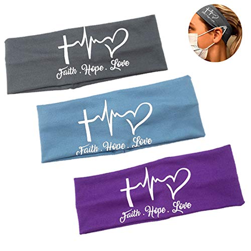 3 PCS Elastic Headbands with Buttons, Face Cover Headband for Ear Protections, Non slip Hair Bands for Women Working Yoga Sports Running (Blue, Grey, Purple)