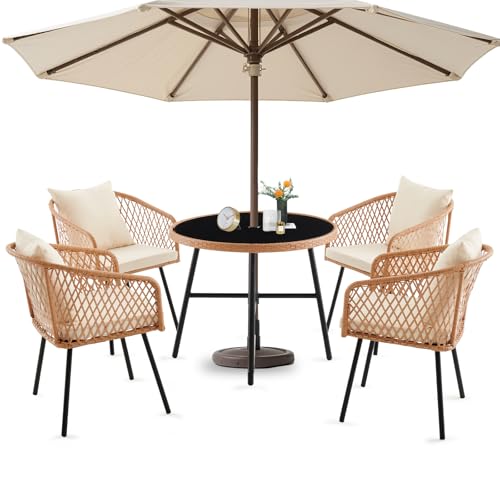Thinlute 5 Piece Patio Dining Table Set with Umbralle Hole, Rattan Outdoor Furniture Set, 4 Cushioned Chairs & Glass Table for Lawn, Deck, Backyard, Garden, Porch