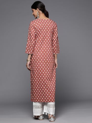 Image of Varanga Women Embroidered Straight Kurta | Cotton | Round Neck | 3 /4 Sleeve | Calf Length | Casual Wear