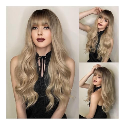Perruque cheveux humains brune longue dégradée avec frange style Black Tea