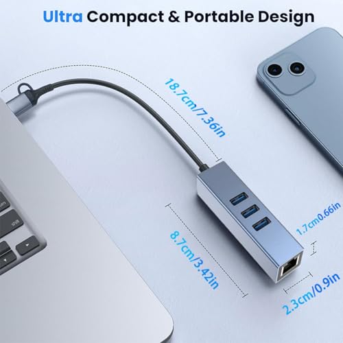 Hub USB C a RJ45 Gigabit Ethernet con 3 puertos USB 3.0 para portátil y PC 3