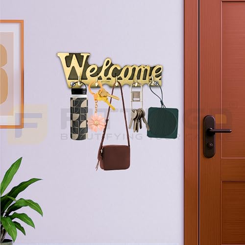 Image of Welcome Key Holder for Wall /Zinc Metal Key Stand with 5 Hooks /Decorative Wall Key Hanger for Home, Entryway & Office /Vintage Style Key Organizer - Brass Antique Finish-| 3 Years Warranty |