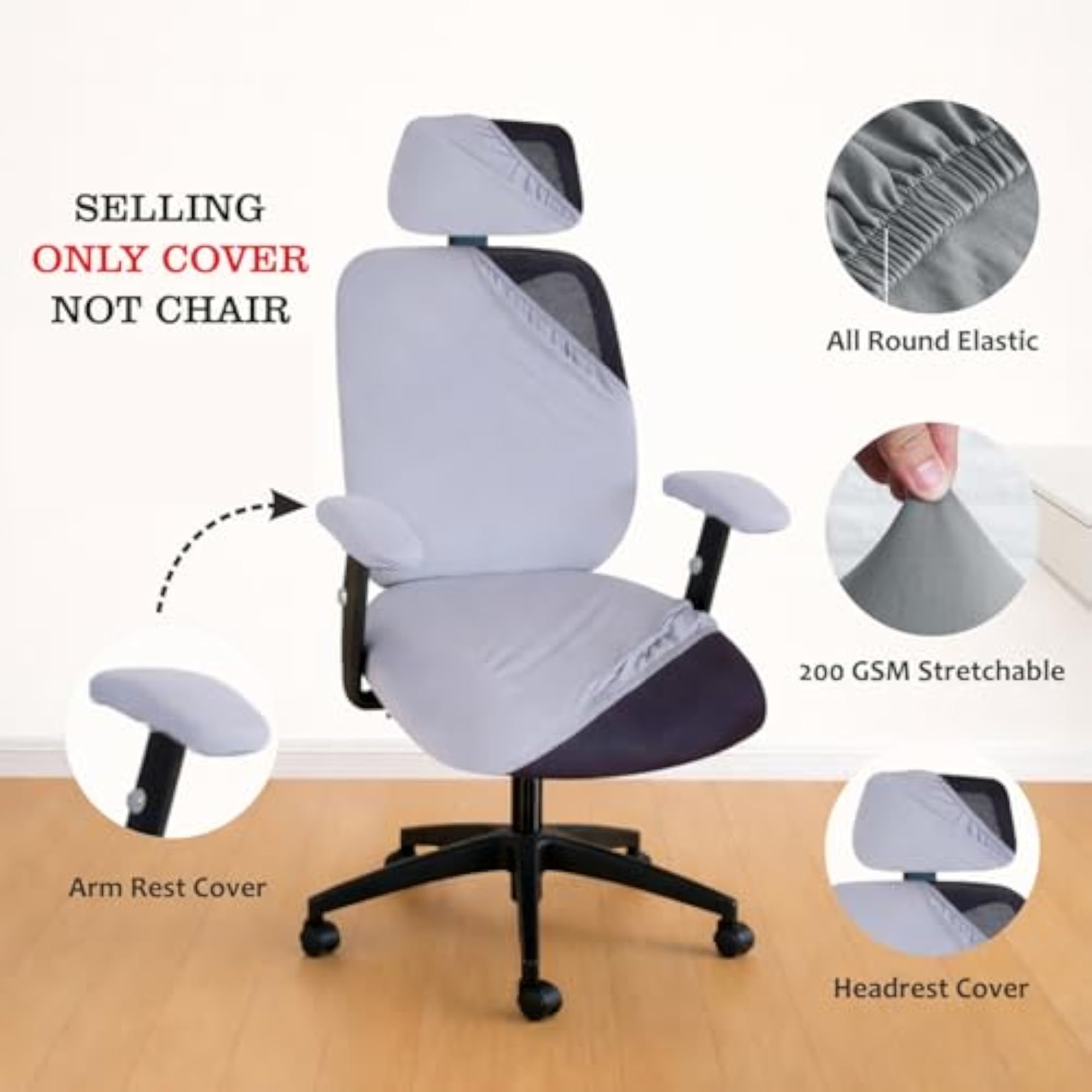 Stretchable Grey Office Chair Cover Set with Headrest & Armrest Covers