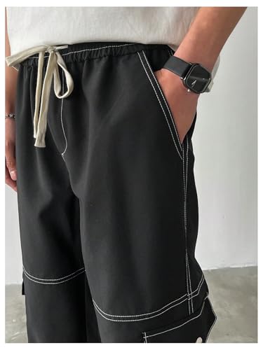 OYOANGLE Men's Flap Pocket Stitching Cargo Pants Elastic Drawstring Waist Straight Leg Trendy Trousers4