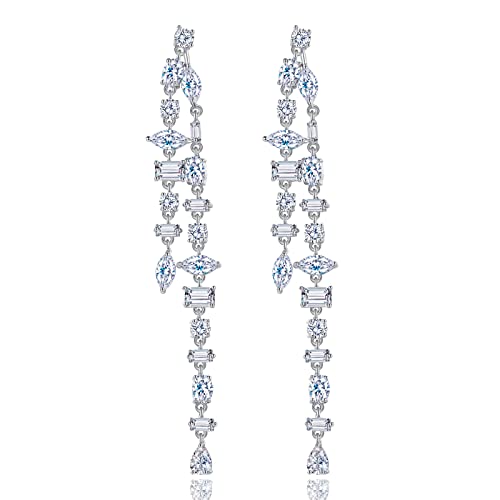 Wedding Earrings for Brides, Silver Earrings for Women, 18K White Gold Plated Sterling Silver Post Cubic Zirconia Dangle Earrings, Clear Crystal Hypoallergenic Chandelier/Tassel Earrings