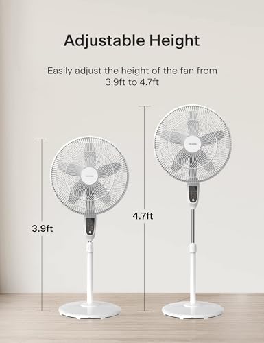 Image of PELONIS 18 inch 5-Blade Adjustable Oscillating Pedestal Fan with Remote, White | White Standing Fan with 90 Oscillation and 24 Tilt, 5-Speeds, 4 Modes, Eco Control, 7-Hr Timer for Living Room and Office