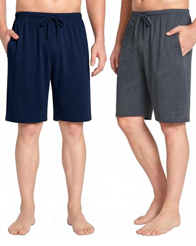 2 Pack Mens Lounge Wear Pyjama Shorts Soft Comfy Mens Shorts Bottoms Modal Light and Breathable for Fathers Husband Boysfriend Gifts Navy+grey