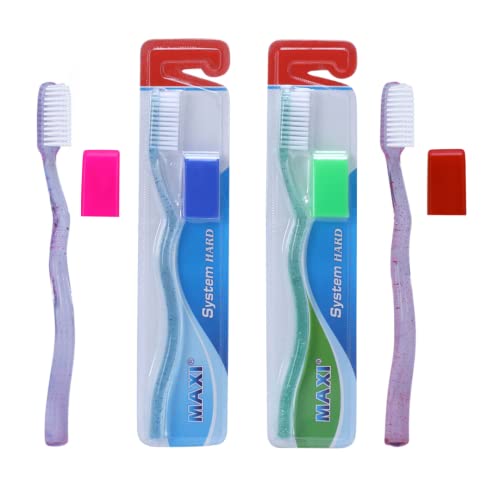 Image of MAXI System Hard Toothbrush for Adults | Deep Plaque & Stain Removal | Anti-Bacterial Travel Cap | Manual Big Head Hard Bristles Tooth Brush | Multicolor Pack of 4